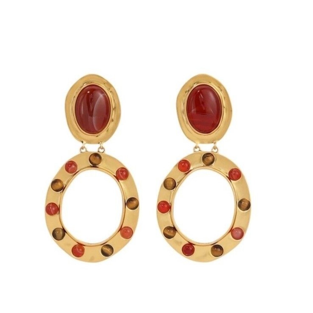NEW House of Harlow 1960 Elyse Doorknocker Earrings - Tigers Eye and Red Jasper